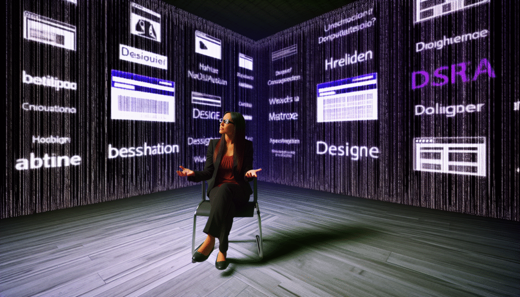 Frau sitzt in einem dunklen Raum in einer Ecke. Links und rechts werden Wörter und Monitoransichten projeziert